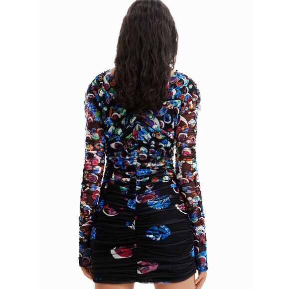 DESIGUAL Black Colorful M. Christian Lacroix Short Ruched V-Neck Mini Dress XS - Picture 2 of 11